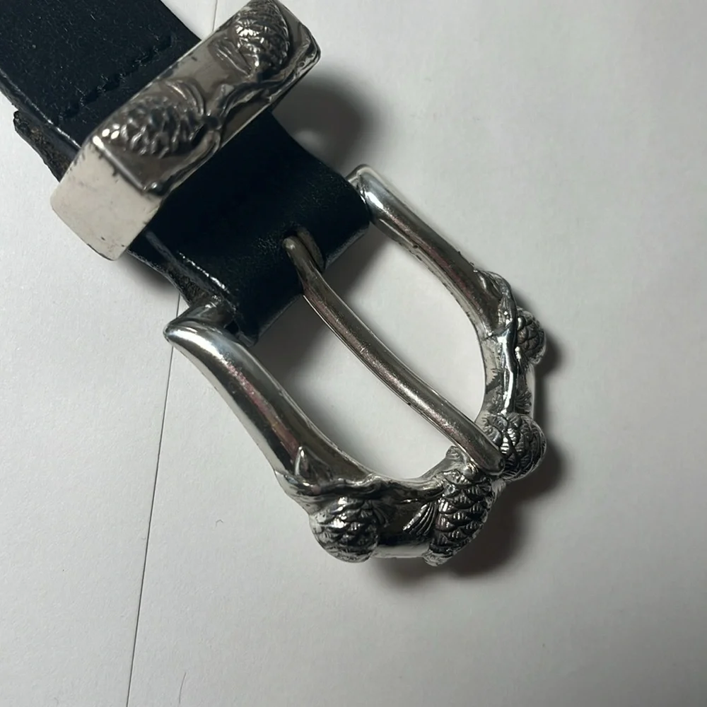 Cabela's Mens Black Leather Belt Lg 90059 Pinecone Silver Buckle Vintage Unisex